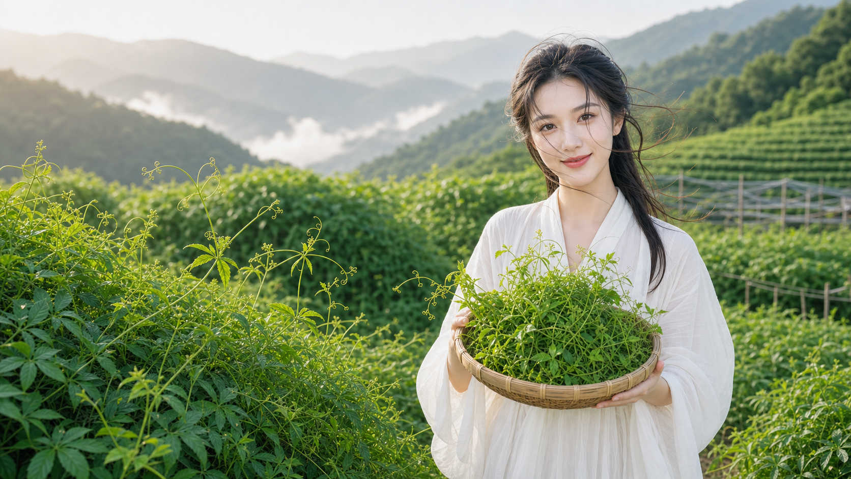 茶姑娘在平利绞股蓝藤本种植园采摘五叶龙须嫩蔓